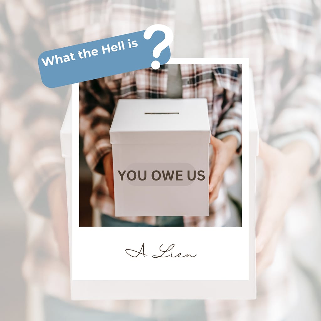 Woman holding a box that says "you owe us" in a polaroid picture