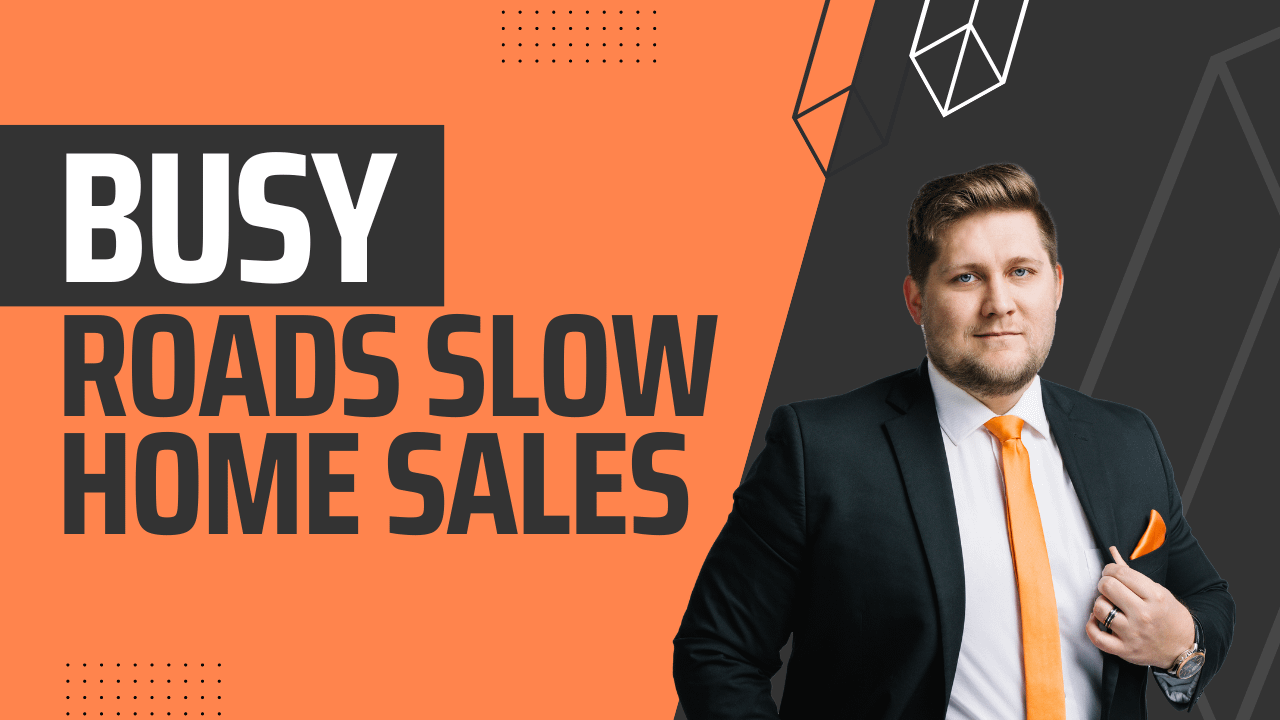 Informational graphic featuring Zac Folsom explaining the impact of busy roads on home sales.
