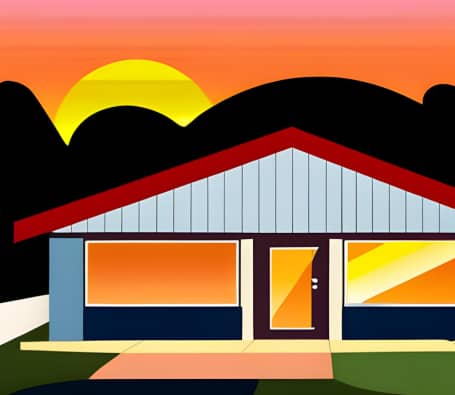 Cartoon ranch home with a sunset behind it