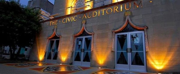 Exterior shot of the Civic Theatre in Kalamazoo at night.