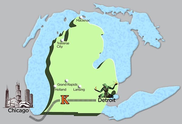 Map showing Kalamazoo located between Detroit, Chicago, and Grand Rapids.